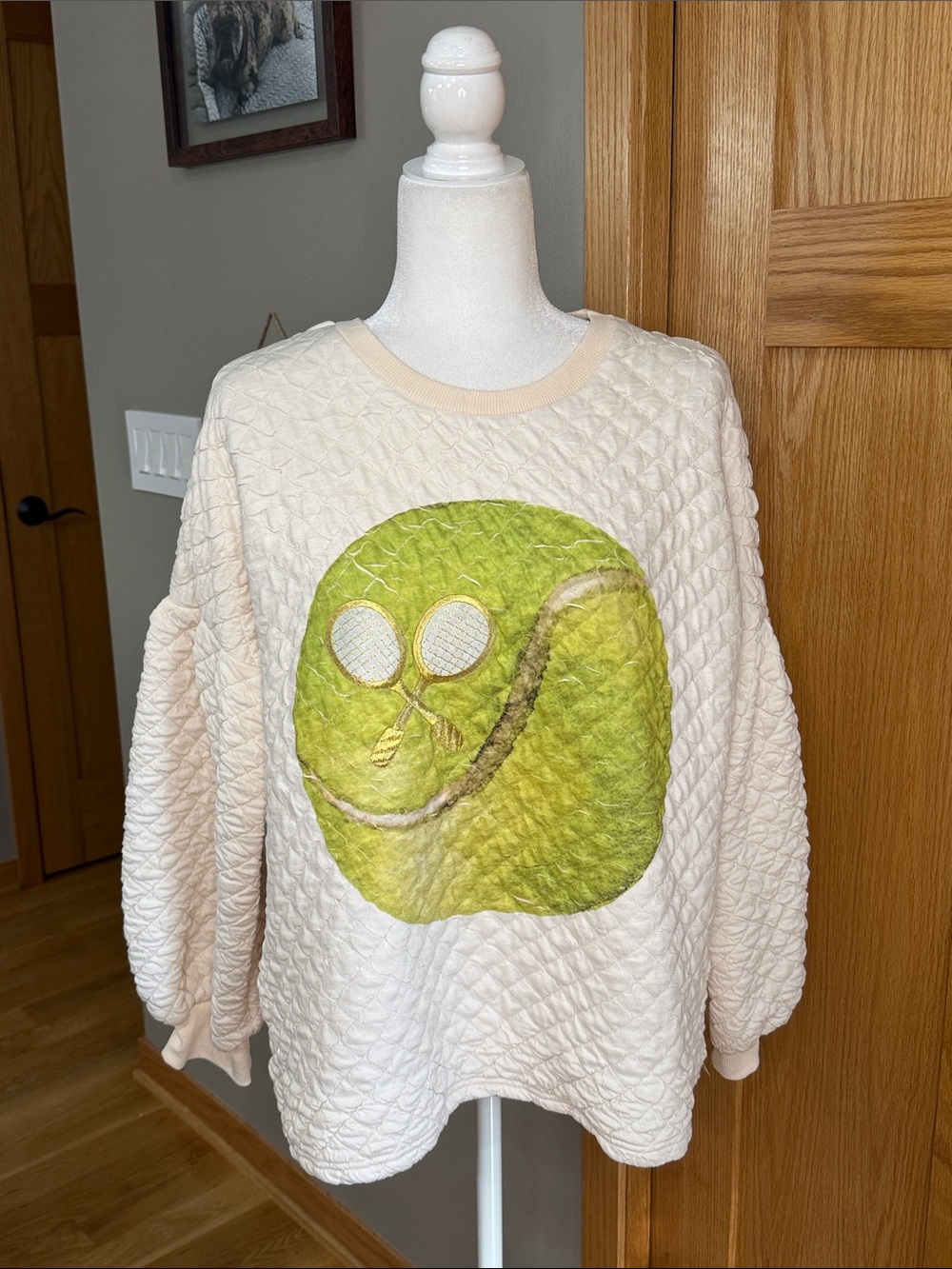 Judith March Cream Quilted Crewneck with Lime Green Graphic